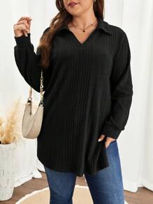 SHEIN Frenchy 女士大碼條紋灰燈芯絨襯衫 - 黑色 - 查看 5