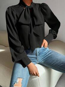 SHEIN Privé Tie Neck Lantern Sleeve Blouse - Black - View 5
