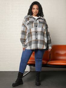 SHEIN CURVE+ 加格紋落肩翻蓋口袋大衣 - 彩色 - 查看 6