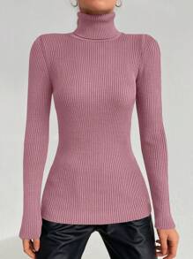 RueChic Women's Solid Color Simple Turtleneck Pullover Sweater - Pink - View 3