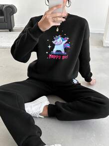 EURMUSE Cartoon & Letter Graphic Drop Shoulder Sweatshirt & Sweatpants - Black - View 1