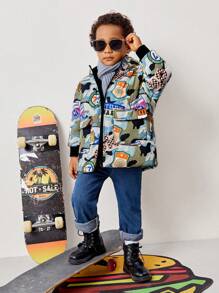 SHEIN Young Boy Cartoon Graphic Hooded Padded Coat