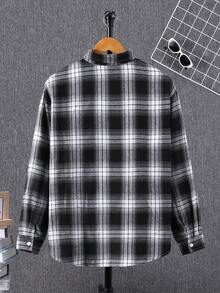 SHEIN Thiếu niên con trai Lỏng lẻo Phù hợp In kẻ sọc Vòng cổ Nút Lên Dệt Áo sơ mi Với Tay áo dài - Đen và trắng - Xem 2