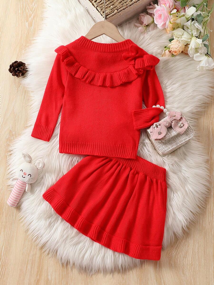 Baby Girl Ruffle Trim Sweater & Knit Skirt - Red - View 1