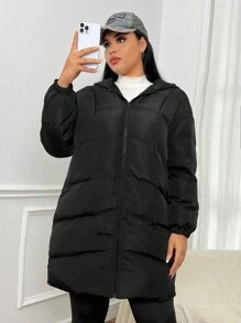 SHEIN EZwear Plus Zip Up Hooded Padded Coat - Black - View 5