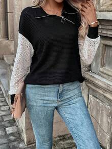 SHEIN Frenchy Sudadera de color combinado con bordado con ojal de hombros caídos - Negro - Ver 4