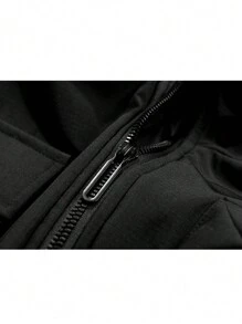 Men's Letter Printed Fleece Drawstring Hooded Padded Coat - Black - View 4