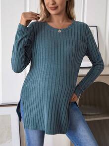 SHEIN Maternity Ribbed Knit Split Hem Tee - Dusty Blue - View 6