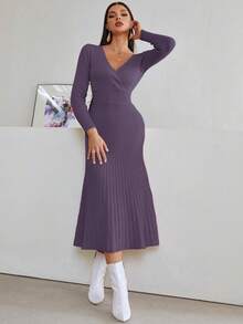 Modelyn Surplice Neck Pleated Hem Ribbed Knit Sweater Dress - Purple - View 4