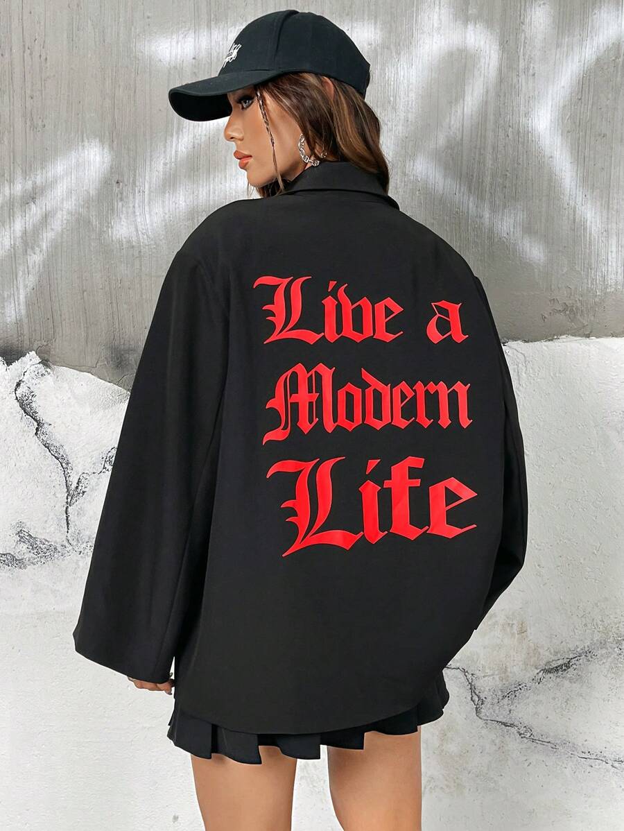 SHEIN EZwear Slogan Graphic Lapel Neck Drop Shoulder Blazer - Black - View 1