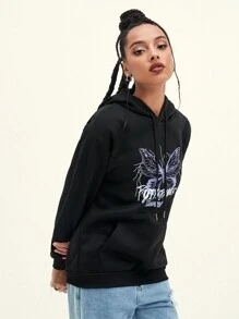 SHEIN EZwear Butterfly & Letter Graphic Hoodie - Black - View 3