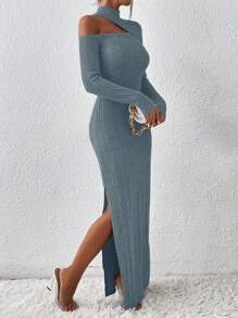 SHEIN Privé Asymmetrical Neck Cut Out Split Thigh Dress - Dusty Blue - View 3