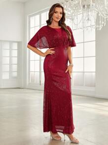 SHEIN Belle Butterfly Sleeve Mermaid Hem Sequin Formal Dress - Red - View 4