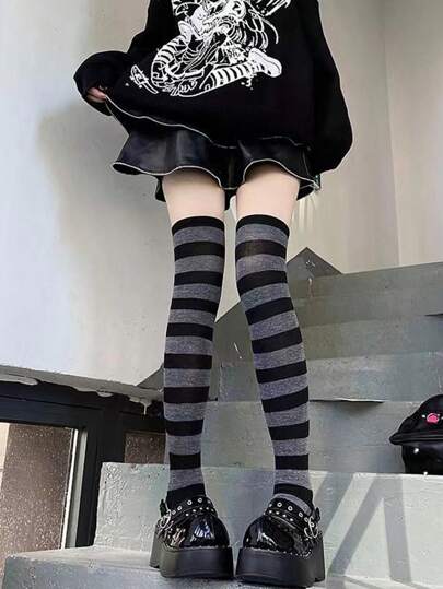 Grunge Punk Women's Black And Grey Striped Over The Knee Socks