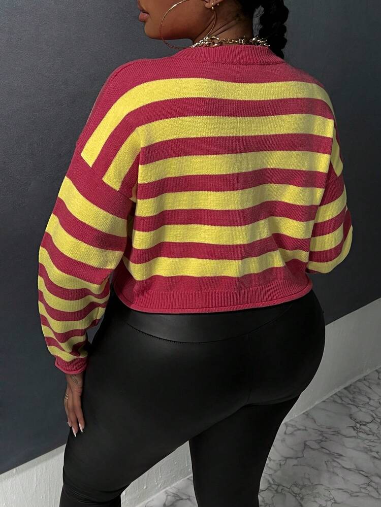 Plus Striped Pattern Drop Shoulder Sweater