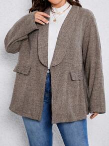 EMERY ROSE Plus Herringbone Print Shawl Collar Open Front Blazer - Brown - View 6