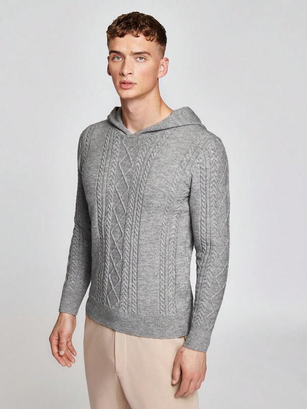 Manfinity RebelGame Pulover din tricot cablu cu glugă solidă pentru bărbați