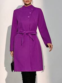 SHEIN Privé Funnel Neck Button Detail Belted Overcoat - Purple - View 6