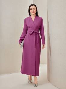 Modelyn Solid Belted Dress Long Evening Dresses - Red Violet - View 5