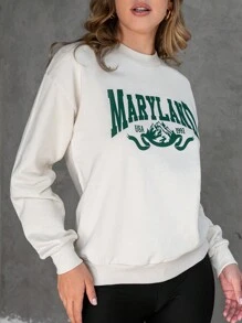 SHEIN PETITE Đồ họa núi & chữ Thả vai Áo nỉ - Màu be - Xem 3