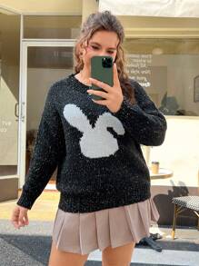 SHEIN EZwear พลัสไซส์ สเวตเตอร์ ลาย กระต่าย สีสัน จุด - มัลติคัลเลอร์ - ดู 3
