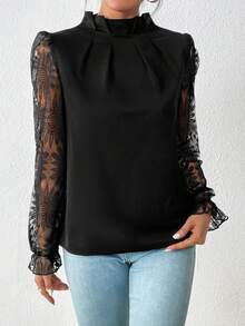 SHEIN Privé Contrast Lace Flounce Sleeve Mock Neck Blouse - Black - View 4