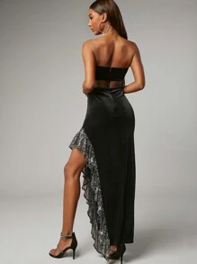 Hauture Sequin Ruffle Split Thigh Velvet Dress - Black - View 2