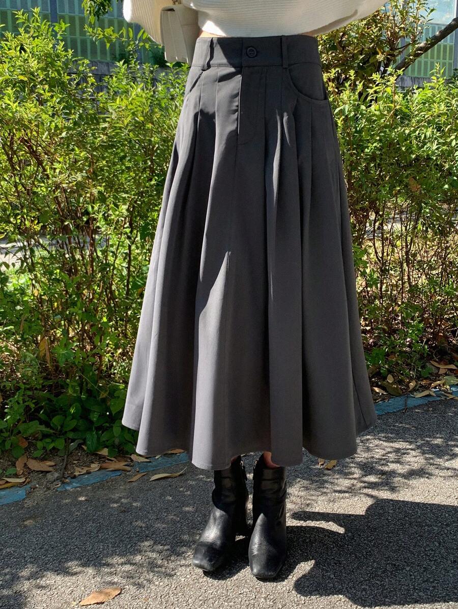 DAZY Plicated Detail Flare Skirt - Grey - View 1