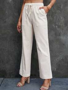Drawstring Waist Straight Leg Pants - White - View 5