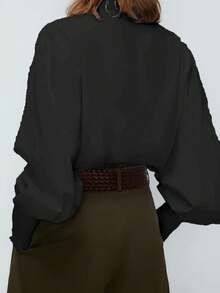 Solid Button Front Bishop Sleeve Shirt - Black - View 2