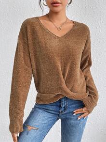 SHEIN Essnce 前扭結落肩袖套頭毛衣 - 棕色 - 查看 5