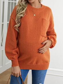 SHEIN Maternity Drop Shoulder Patchwork Pocket Sweater - Burnt Orange - View 1