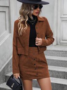 LanaWest Drop Shoulder Corduroy Jacket & Button Front Skirt - Rust Brown - View 6
