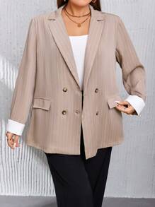 SHEIN Privé 大碼條紋印花雙排釦西裝外套 - 卡其色 - 查看 5