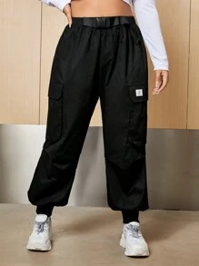 SHEIN EZwear Của phụ nữ Kích thước lớn Quần Cargo Với Patch Chi tiết Và Thắt lưng - màu đen - Xem 6