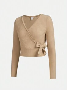 SHEIN 青少年女孩側打結圍裹上衣和褲子 - 卡其色 - 查看 4