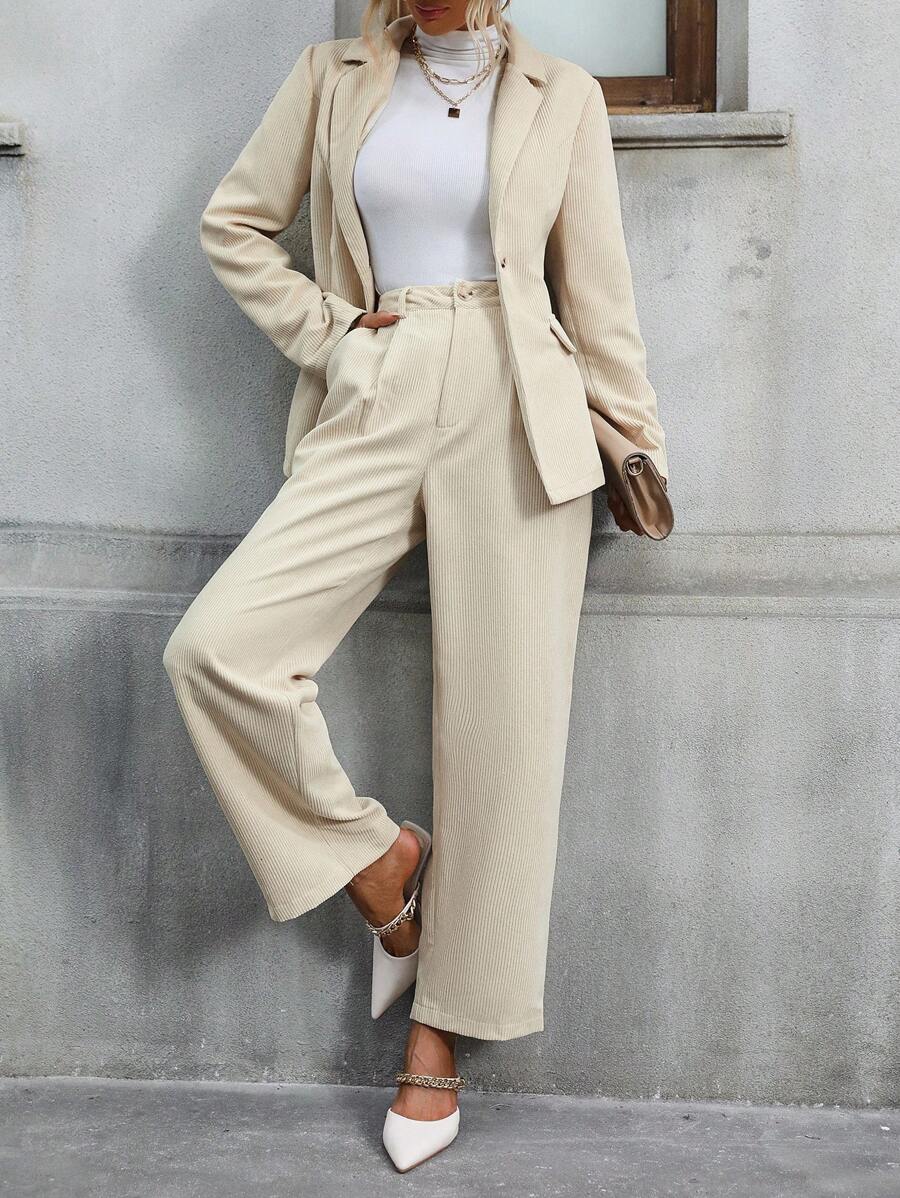 SHEIN LUNE Solid Lapel Neck Blazer & Wide Leg Pants - Apricot - View 1