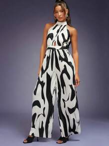 Hauture Mono Abstracto De Pierna Ancha Con Escote Halter