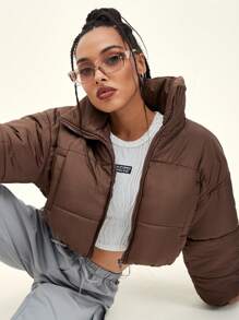 SHEIN Unity Slant Pocket Zipper Drop Shoulder Crop Padded Padded Coat Clothes Winter - Mocha Brown - View 4