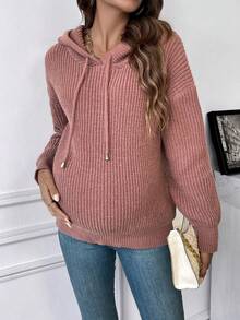 SHEIN Thai sản Thả vai Dây rút áo có mũ Áo len - Gỗ đỏ - Xem 5