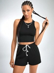 Muchica Crop Tank Top & Knot Front Shorts - Black - View 5