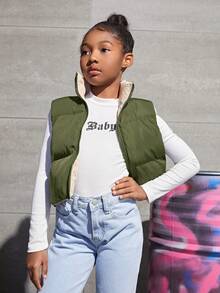 SHEIN Tween Girl 1pc Reversible Zipper Vest Padded Coat - Army Green - View 3