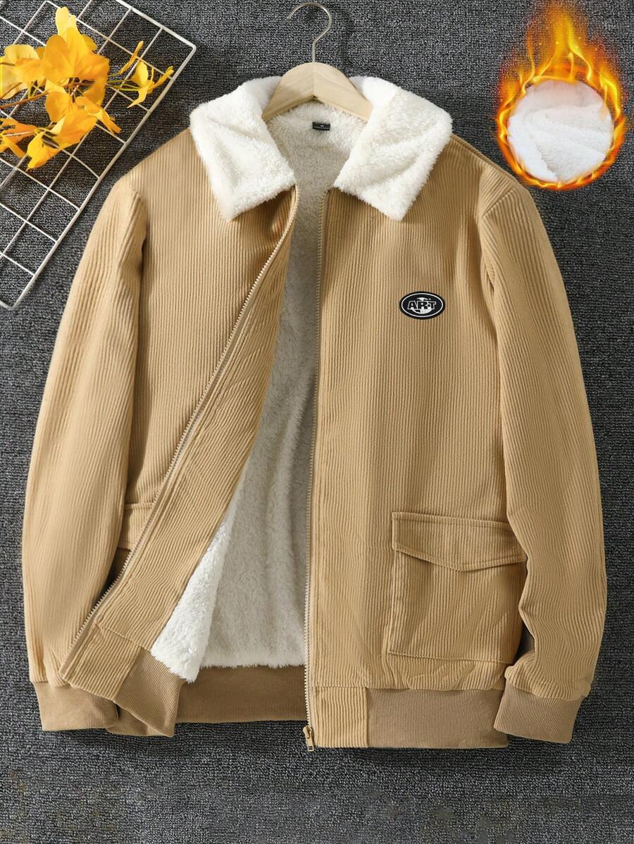 Nam Chi tiết Patched thư Cổ áo Borg Lót Teddy Áo khoác - Màu be - Xem 1