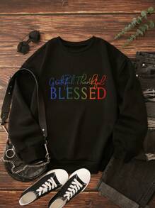 SHEIN EZwear 大碼字母圖案落肩袖保暖衛衣 - 黑色 - 查看 5