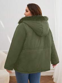 SHEIN Essnce 大尺碼女性加厚毛絨內裡帽子可調腰束口長大衣 - 軍綠色 - 查看 2
