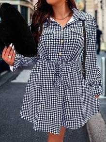 SHEIN Frenchy Hơn In Houndstooth tay áo lá sen Nút phía trước Váy sơ mi - Màu xanh hải quân - Xem 1