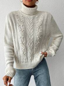 EURMUSE Turtleneck Cable Knit Sweater - trắng - Xem 4
