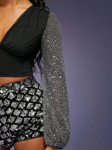 Hauture Top Corto De Malla Metálica Con Mangas Abullonadas Tipo Linterna - Negro - Ver 5