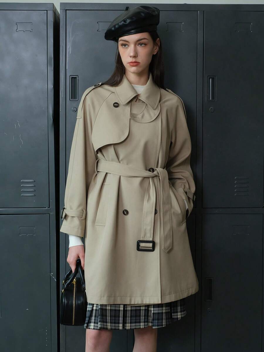Tay Raglan Đôi ngực Thắt lưng Áo khoác Trench - Màu Khaki - Xem 1