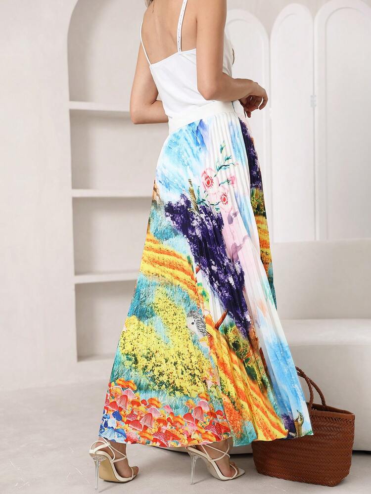 Plants Print Pleated Skirt Without Belt
